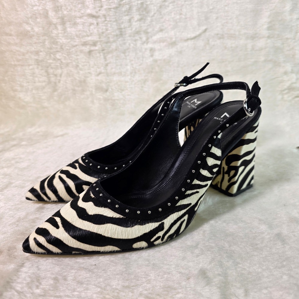 Marc Fisher LTD Zebra Calf Hair Slingback Block Heels Black White Womens 8M NEW